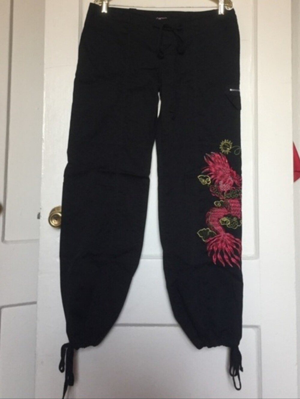 Black Women's Pants with Pink Floral Embroidery